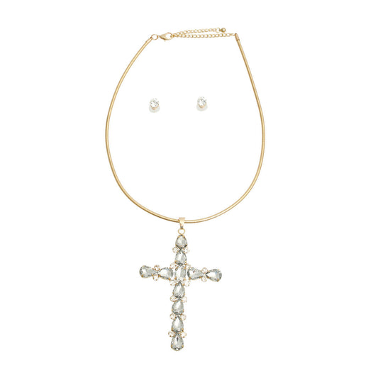 Gold Teardrop Crystal Cross Necklace
