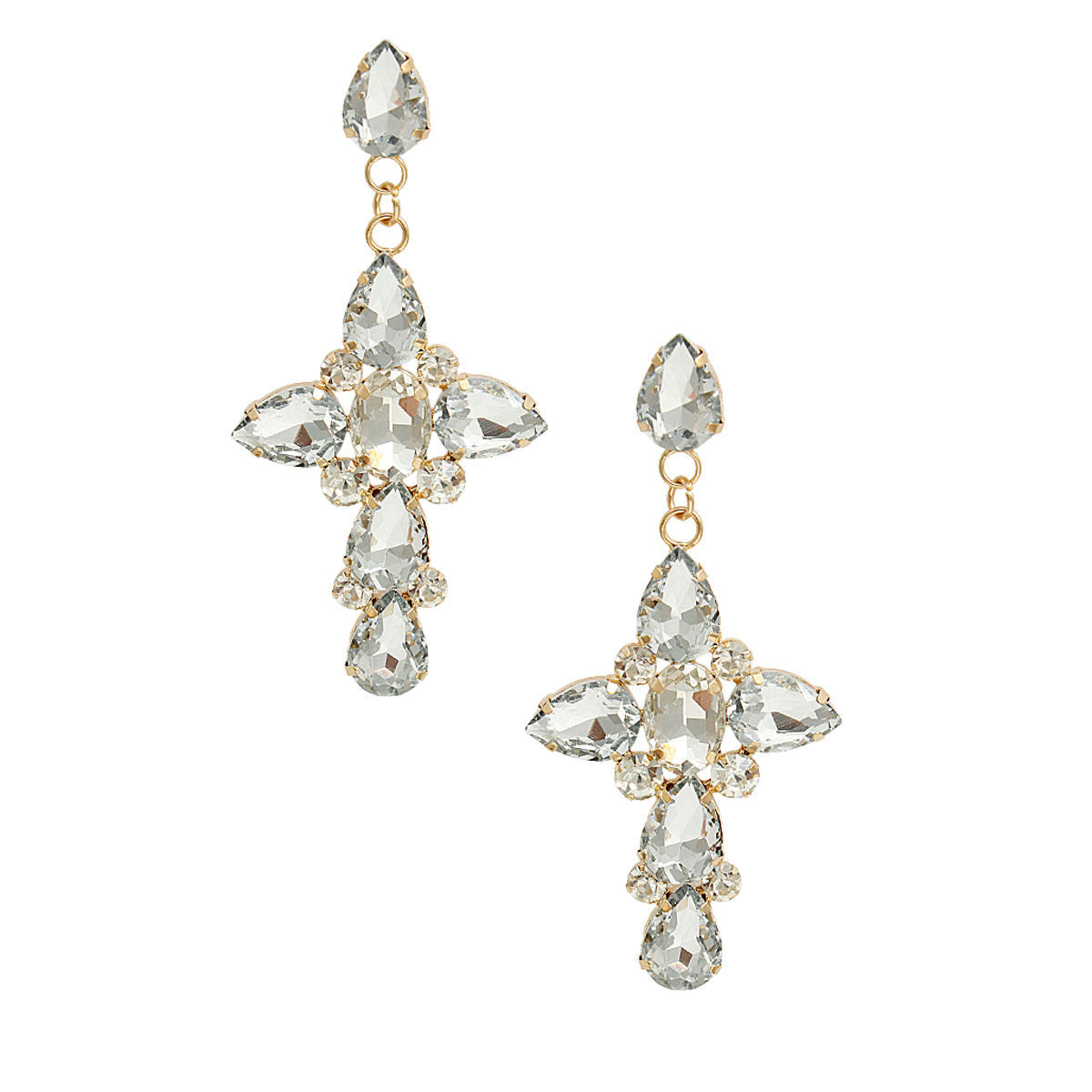 Gold Teardrop Crystal Cross Earrings