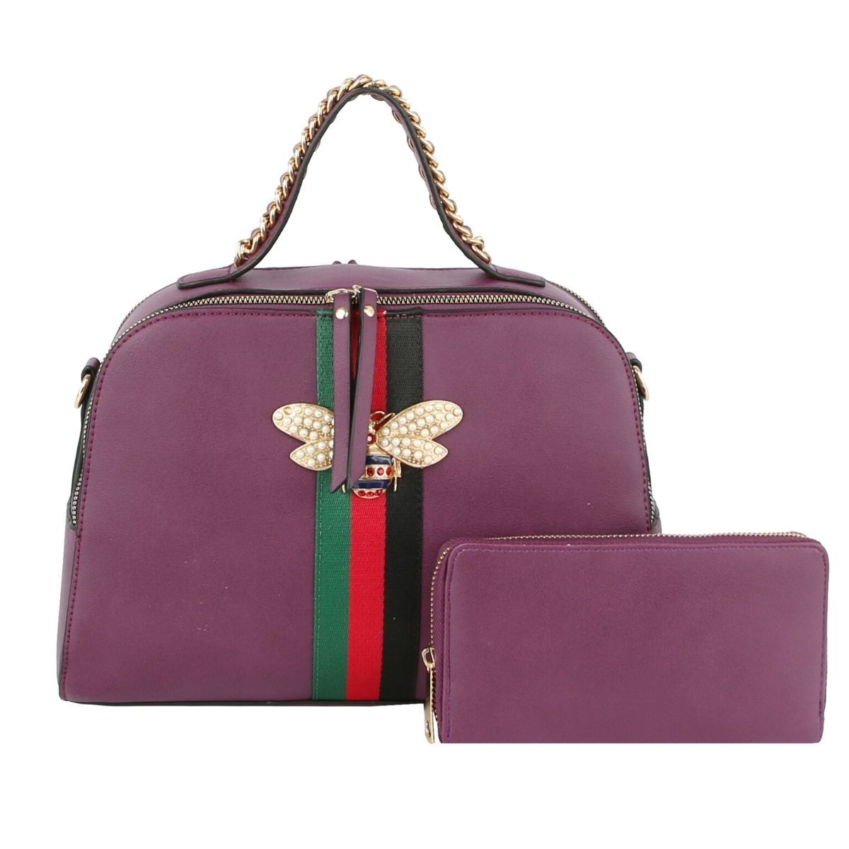 Purple Stripe Top Handle Handbag Set