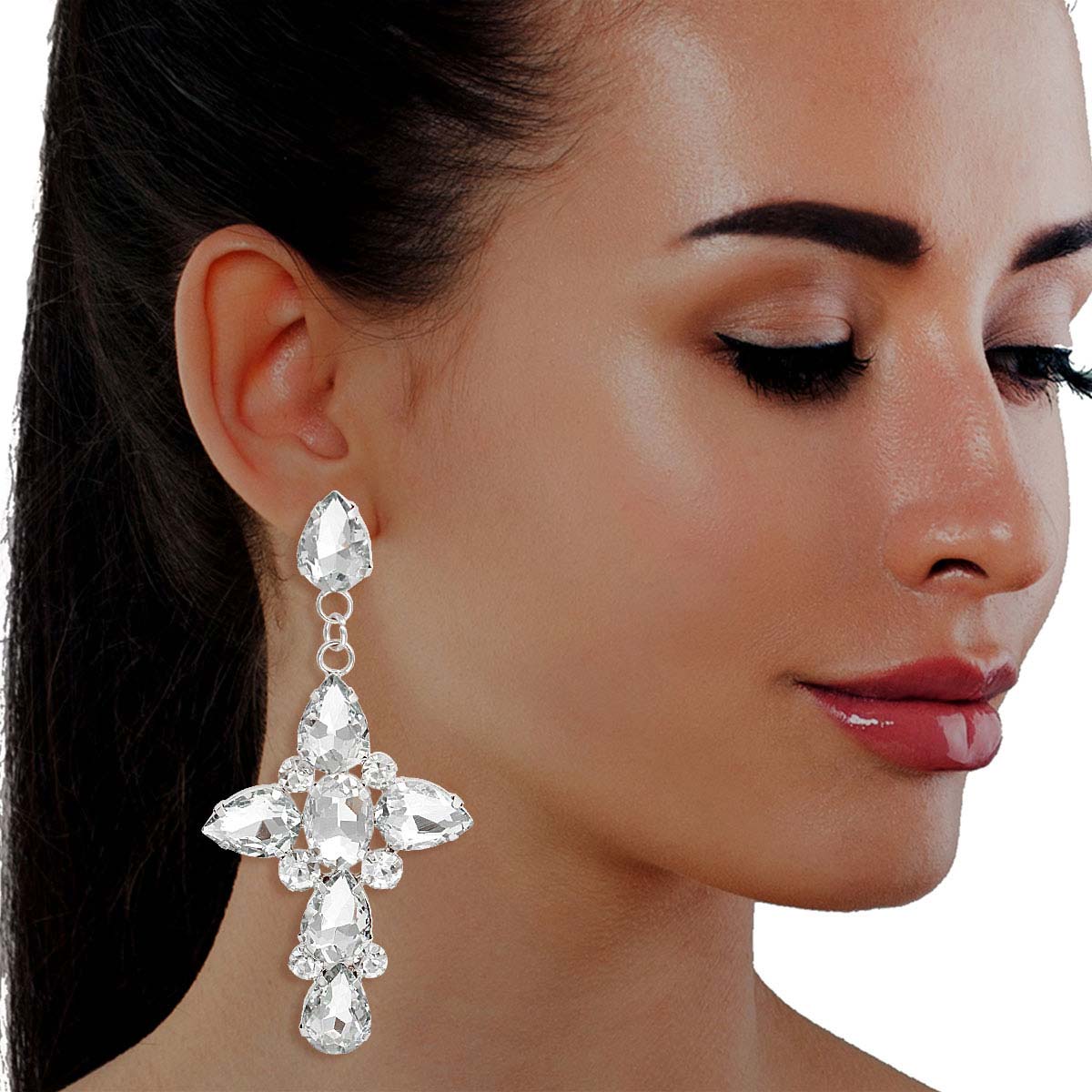 Silver Teardrop Crystal Cross Earrings