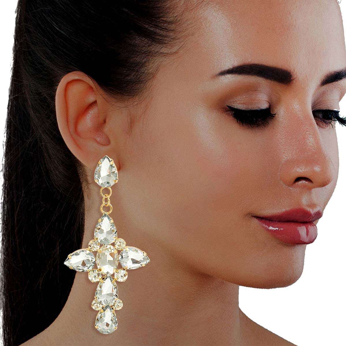 Gold Teardrop Crystal Cross Earrings