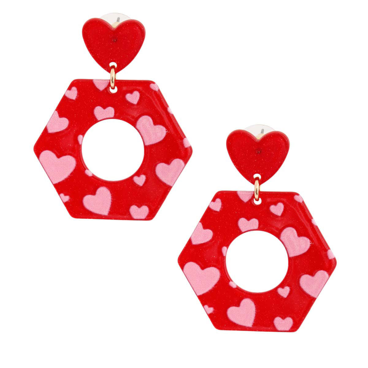 Red Hexagon Heart Earrings