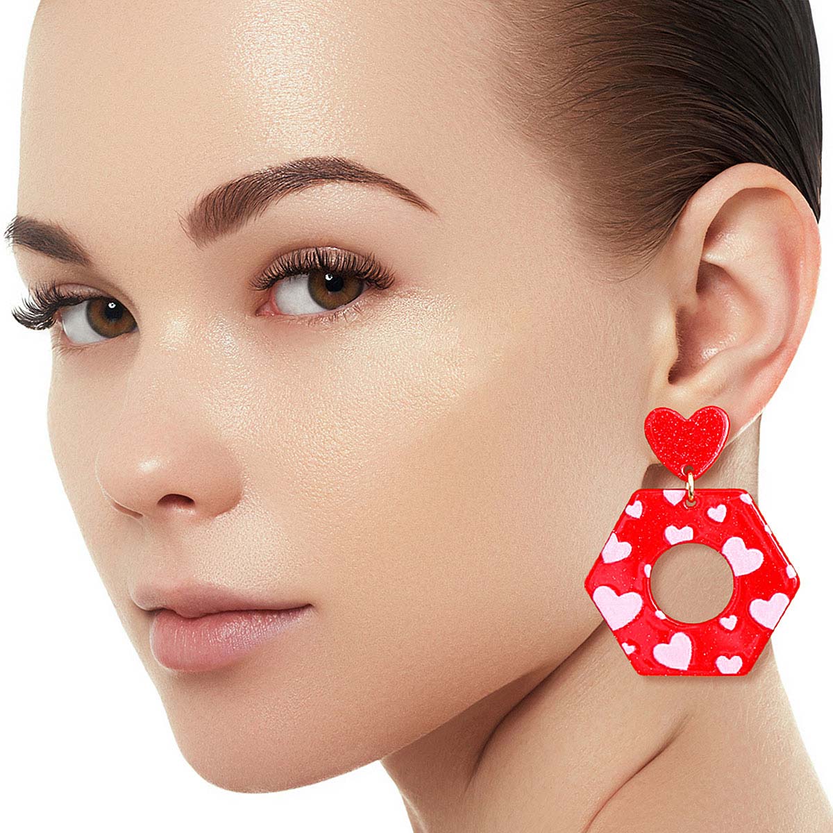 Red Hexagon Heart Earrings