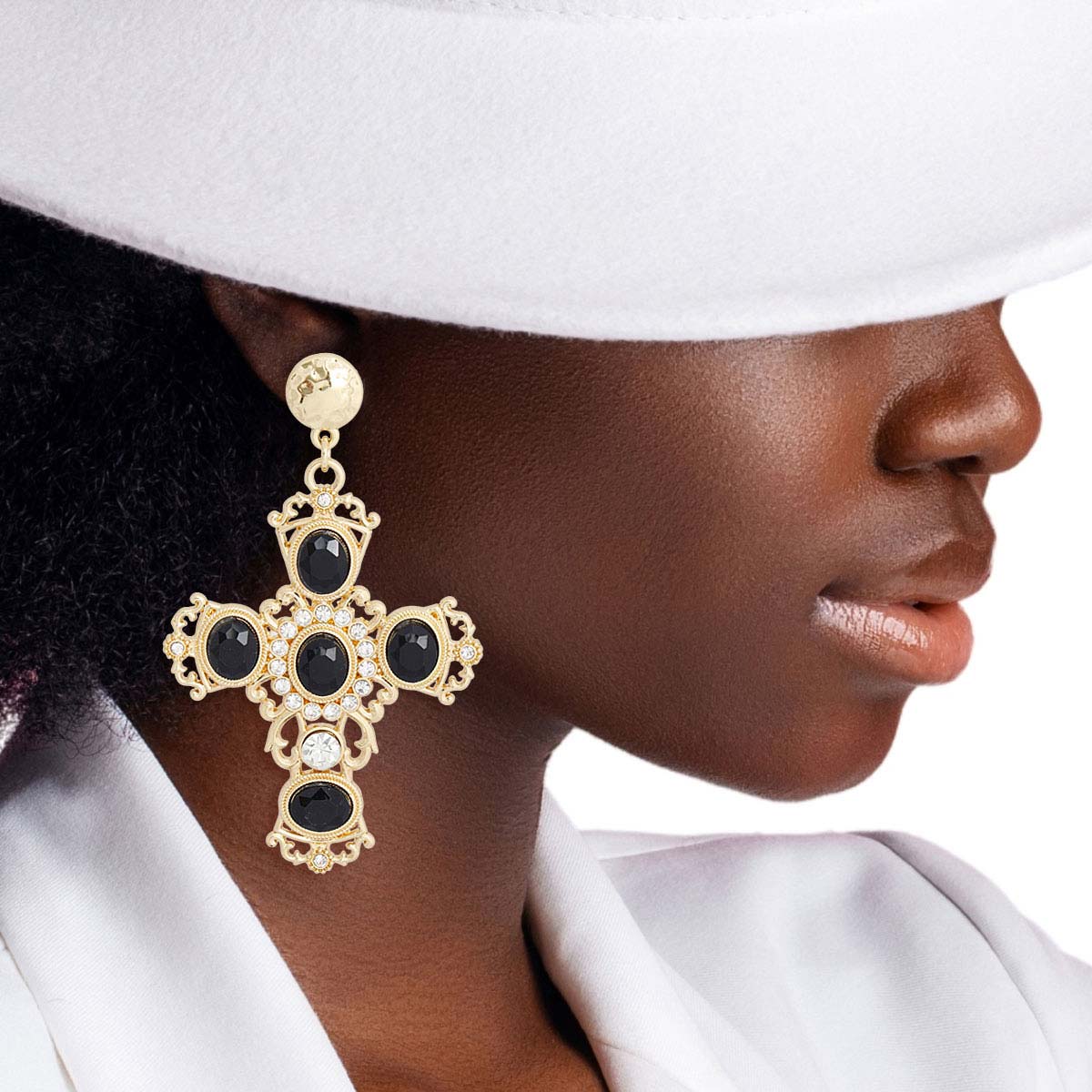 Gold Black Fancy Cross Earrings