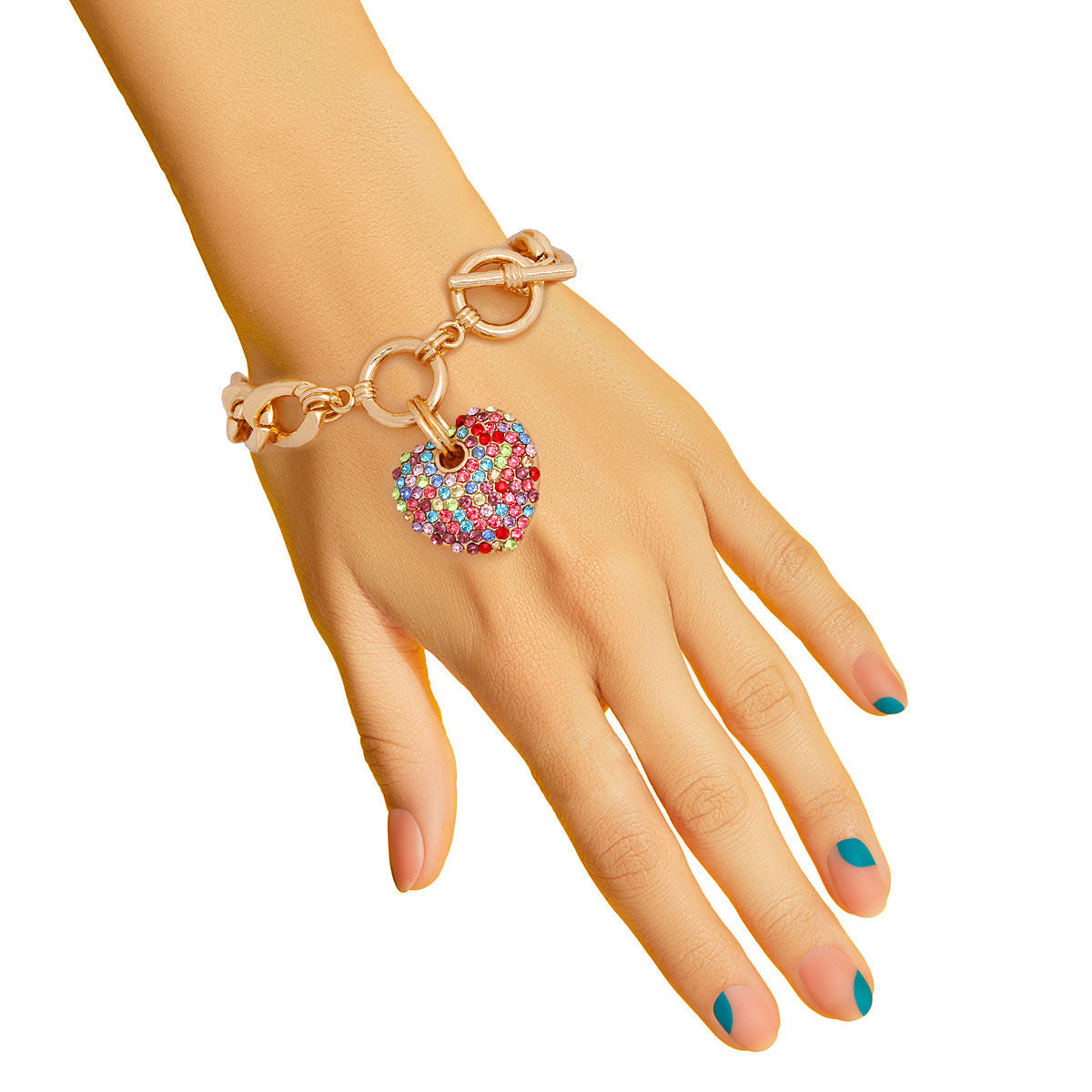 Multi Color Rhinestone Heart Toggle Bracelet